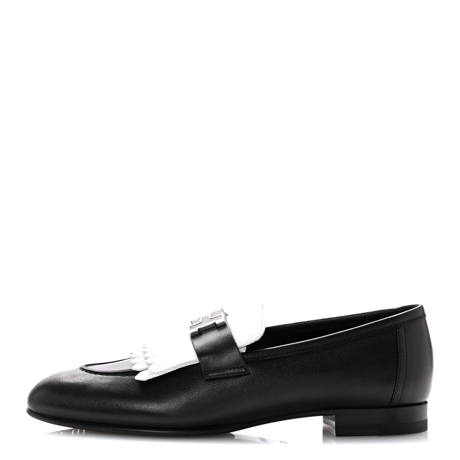 Hermes Goatskin Womens Royal Loafers 37.5 Black White 1 of 10