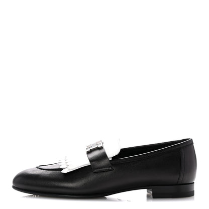 Hermes Goatskin Womens Royal Loafers 37.5 Black White 1 of 10