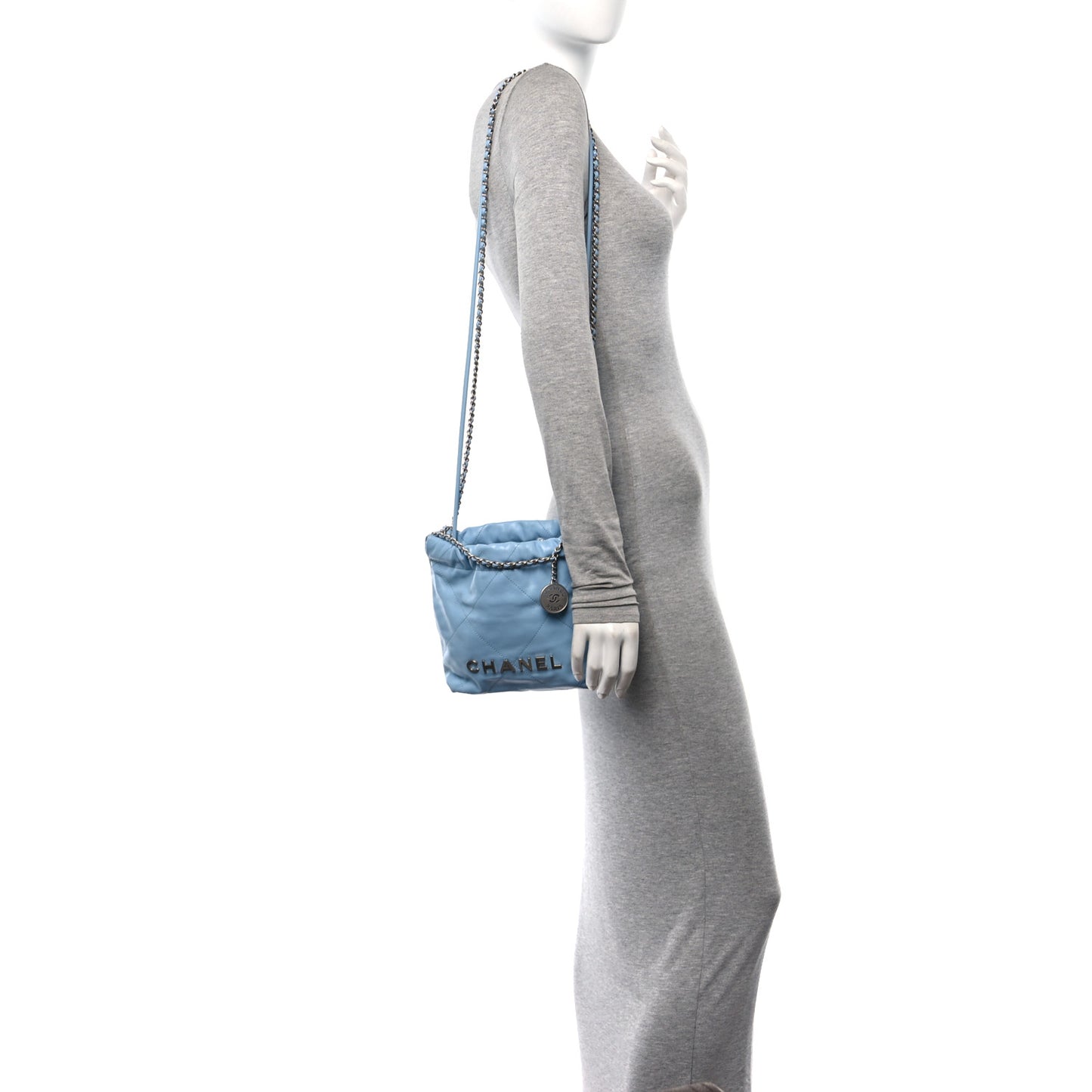 Shiny Calfskin Quilted Mini Chanel 22 Light Blue