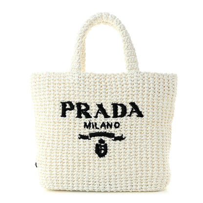 Prada Yarn Raffia Effect Crochet Small Logo Tote Bianco 1 of 10