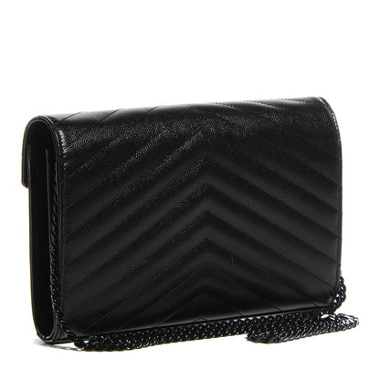 Saint Laurent Grain De Poudre Matelasse Chevron Medium Monogram Chain Wallet Black 3 of 7