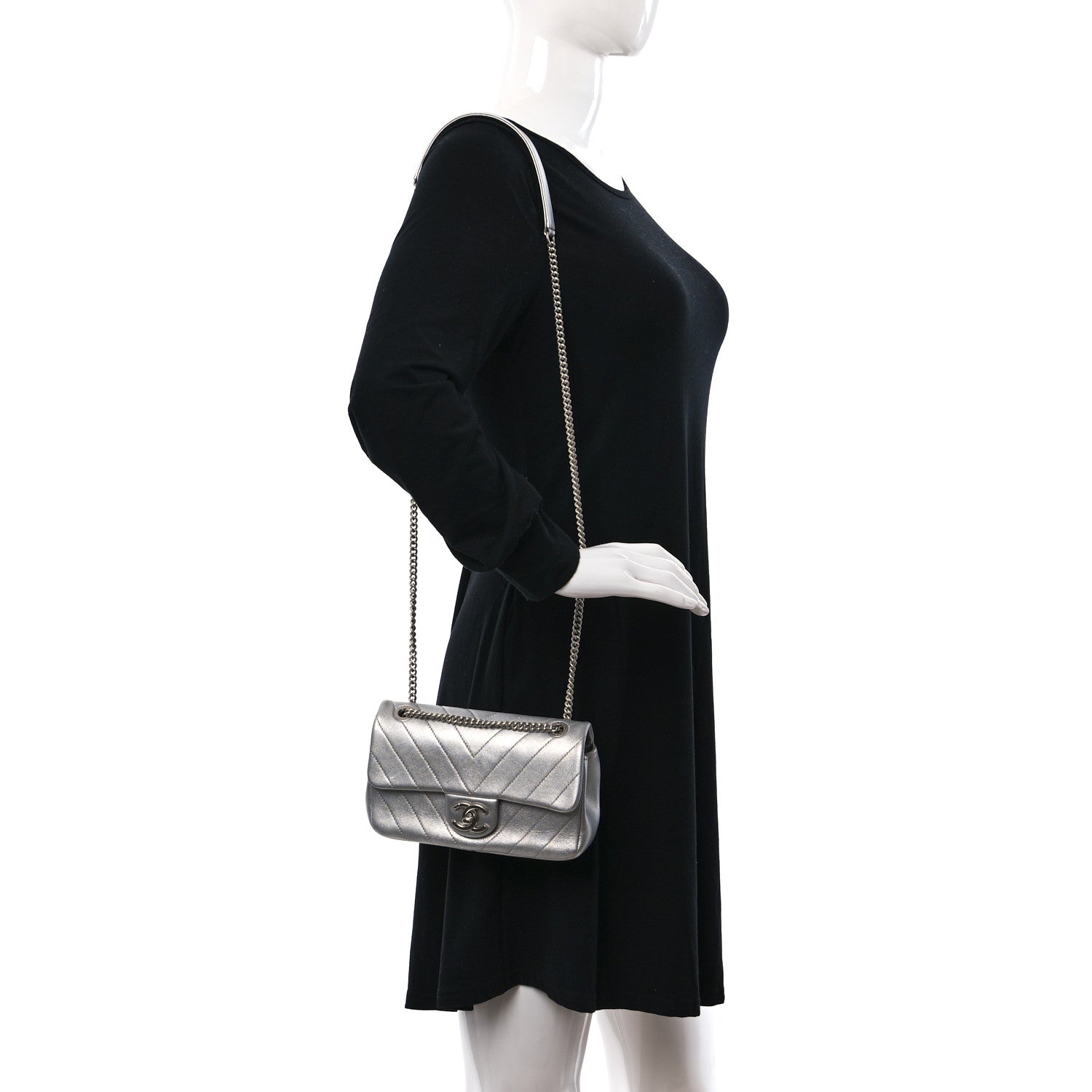 Chanel Metallic Lambskin Chevron Quilted Mini Rectangular Flap Silver 2 of 9