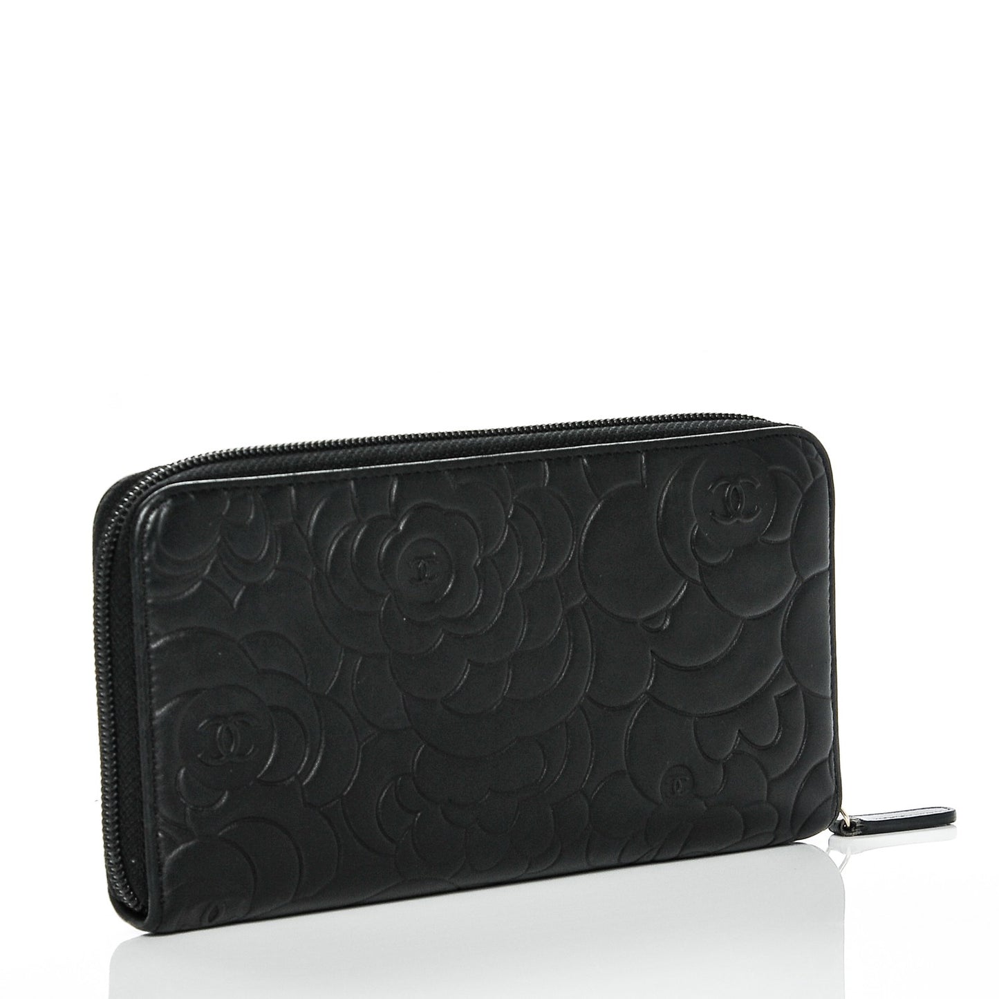 Lambskin Camellia Embossed Large Zip Around Gusset Wallet Black