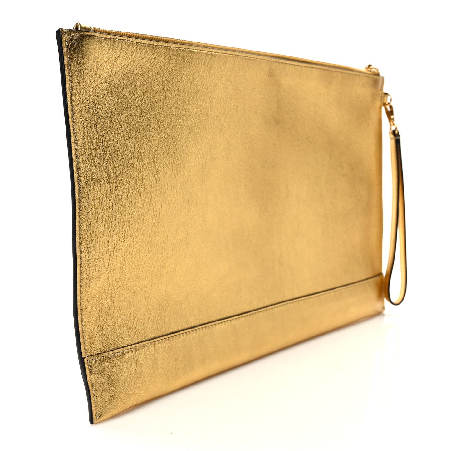 Metallic Vitello King Logo Embossed Large Flat Pouch Gold