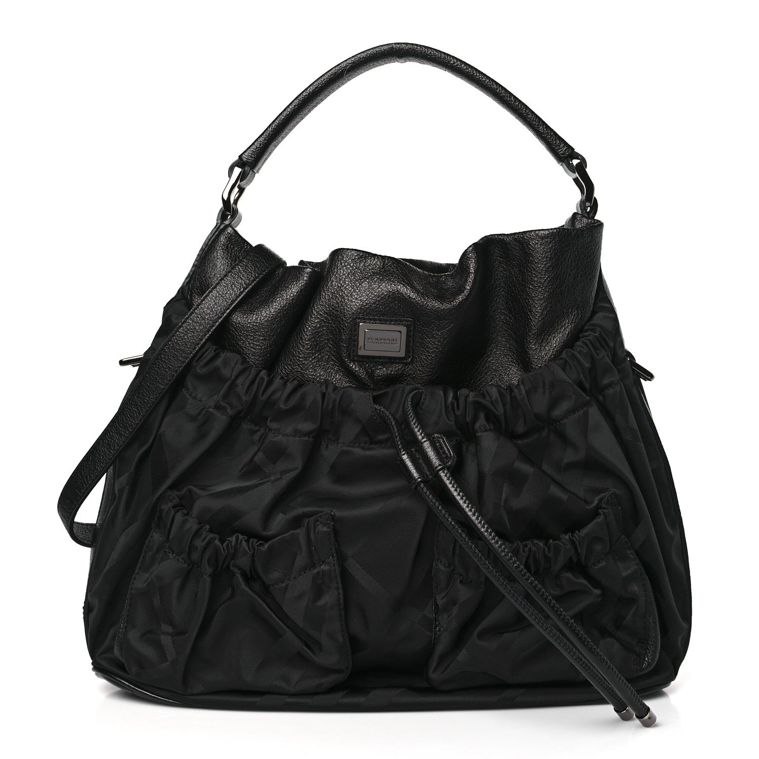 Burberry Nylon Tonal Check Drawstring Tote Black 1 of 8