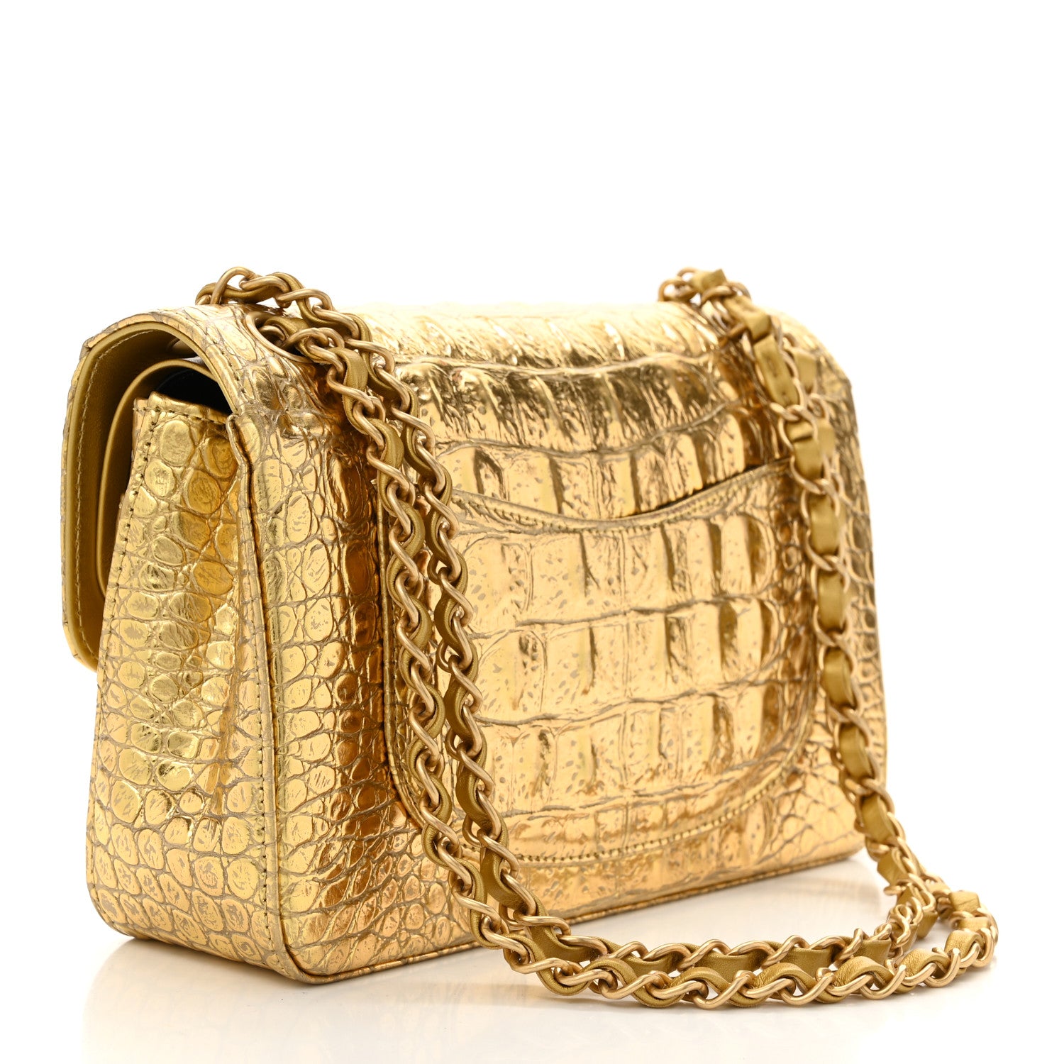 Chanel Metallic Calfskin Crocodile Embossed Cocodile Small Double Flap  Gold 3 of 10