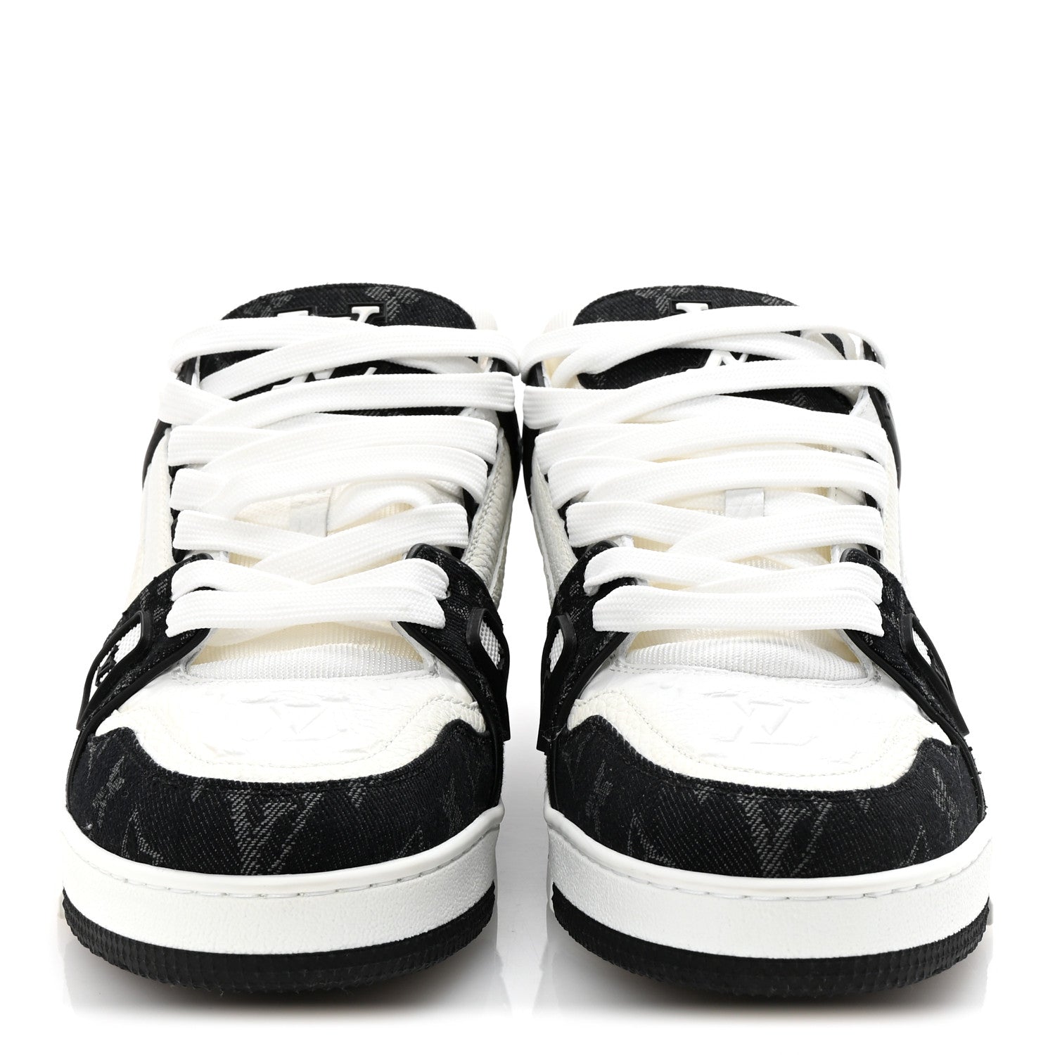 Louis Vuitton Calfskin Embossed Monogram Denim Mens LV Trainer Sneakers 9 Black 3 of 10