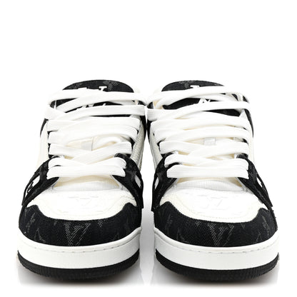 Louis Vuitton Calfskin Embossed Monogram Denim Mens LV Trainer Sneakers 9 Black 3 of 10