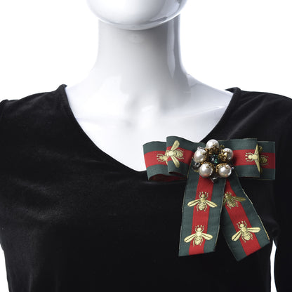 Gucci Ribbon Web Bow Bee Pearl Brooch Red Green 2 of 4