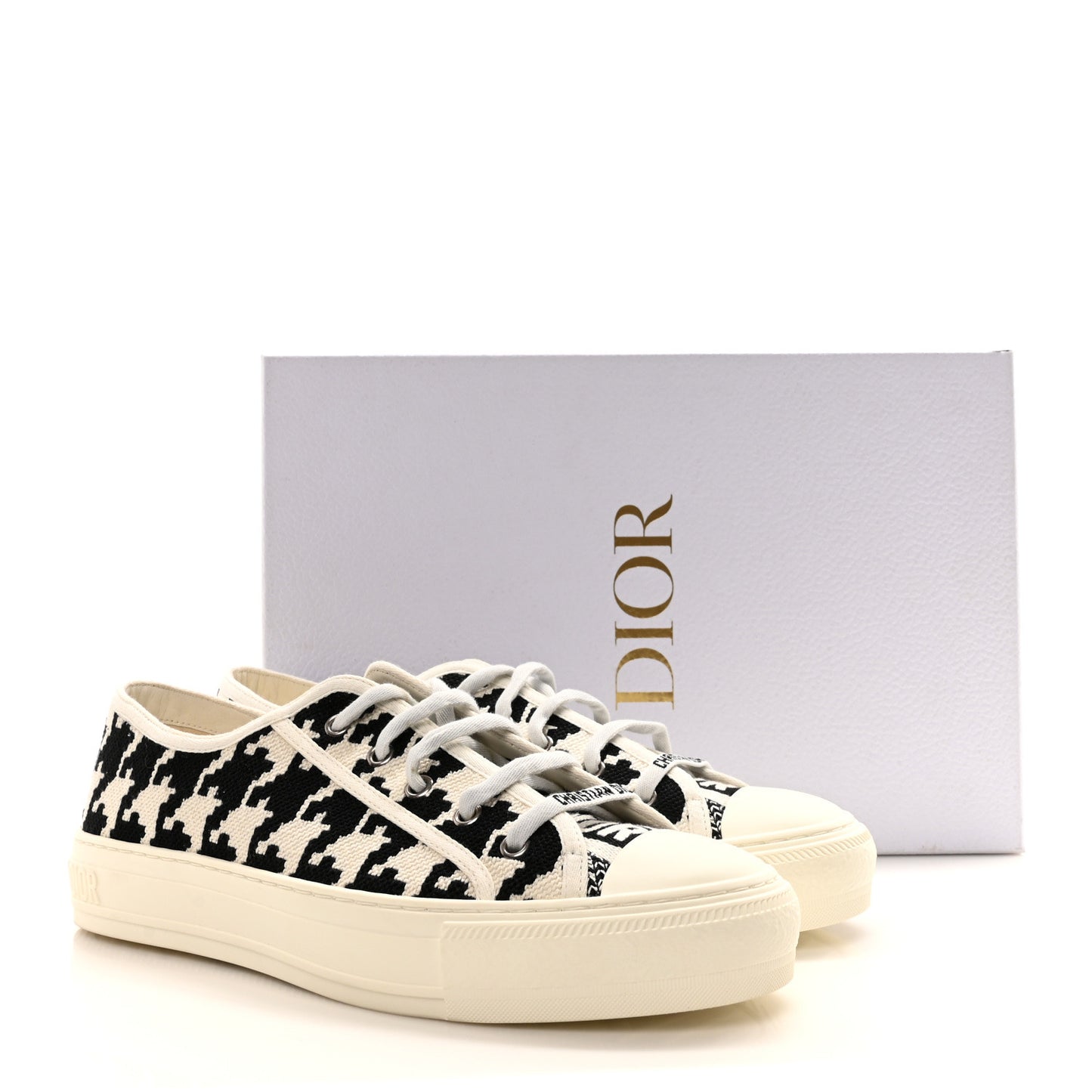 Canvas Macro Houndstooth Embroidered Womens Walk'N'Dior Low Top Sneakers 40 White Black