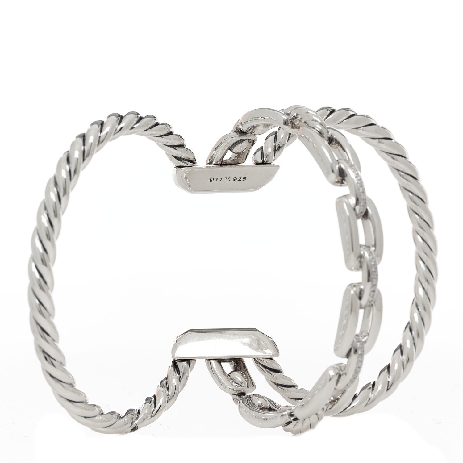David Yurman Sterling Silver Diamond Wellesley Link Three-Row Cuff Bracelet 3 of 4