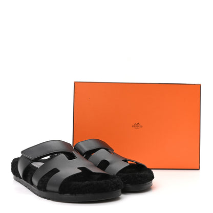 Hermes Calfskin Woolskin Womens Chypre Sandals 39 Black 10 of 10