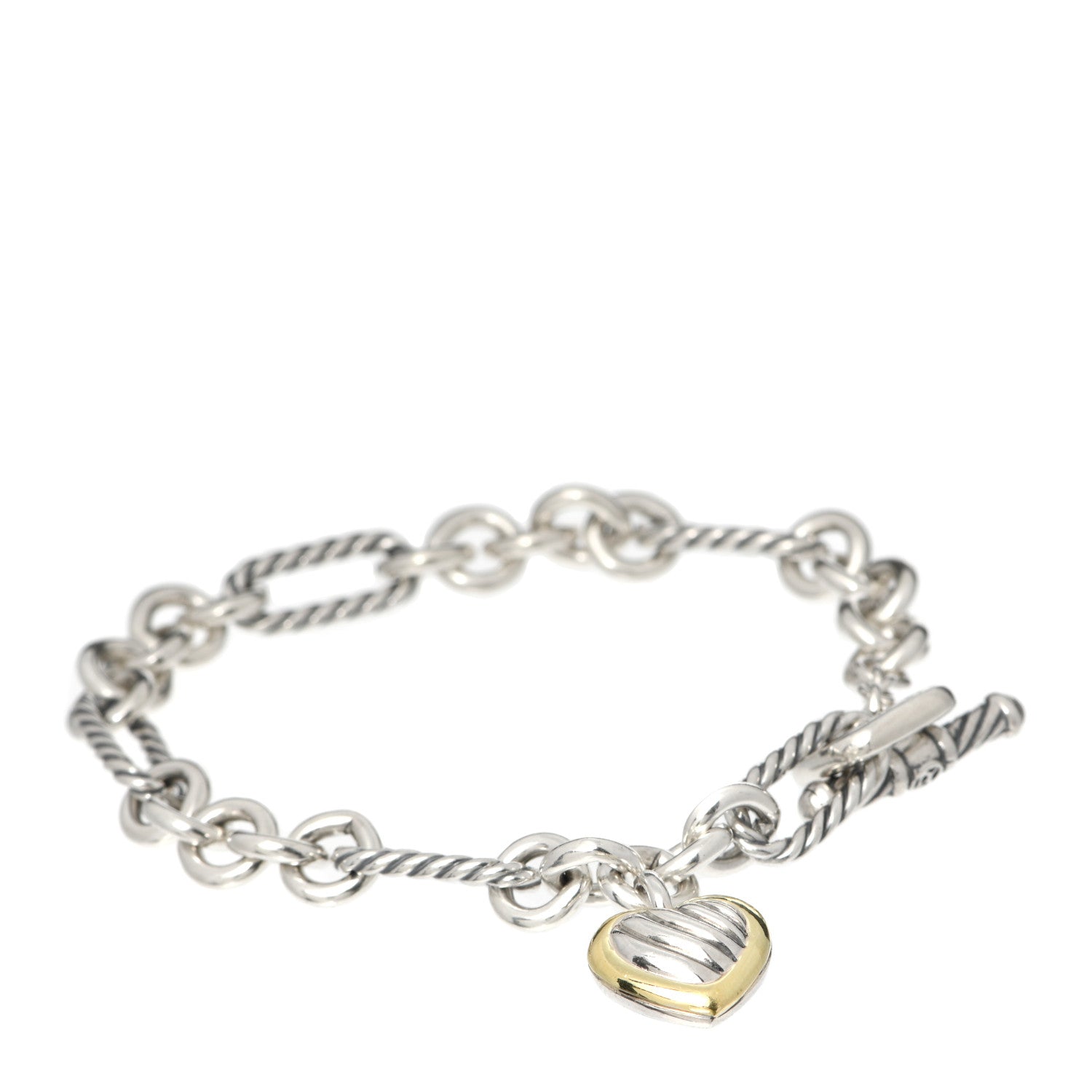 David Yurman Sterling Silver 18K Yellow Gold Cable Heart Charm Bracelet 1 of 4