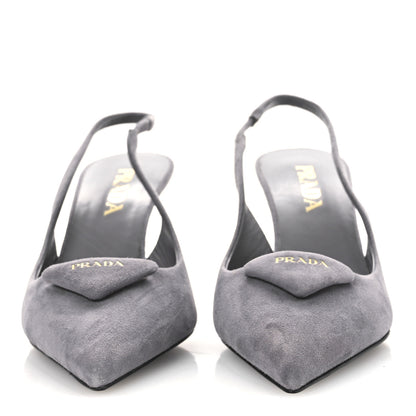 Prada Suede Triangle Logo Pointed Toe 75mm Slingback Pumps 37 Grey 3 of 11