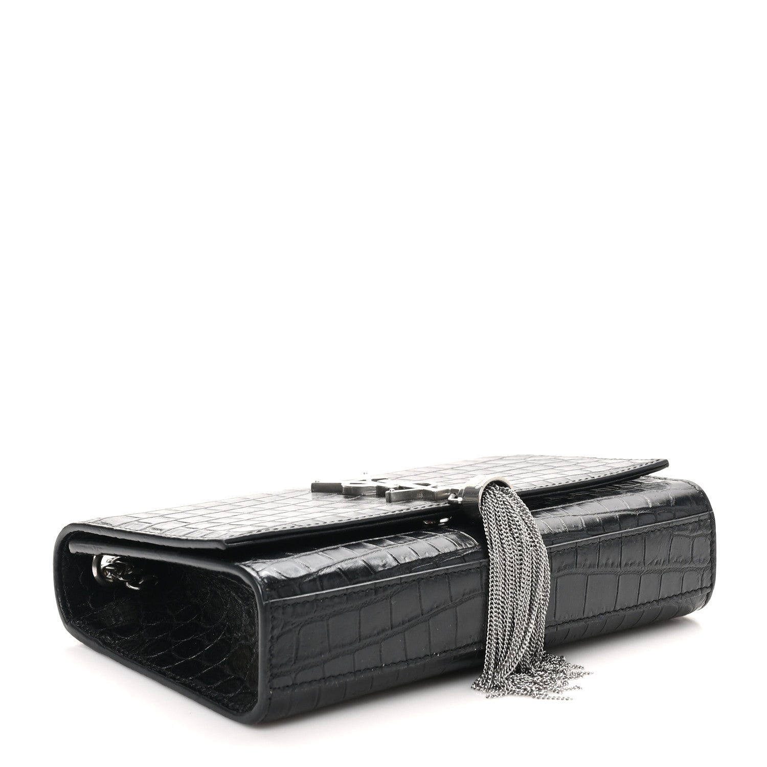 Saint Laurent Calfskin Crocodile Embossed Small Classic Monogram Kate Tassel Satchel Black 4 of 10