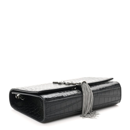 Saint Laurent Calfskin Crocodile Embossed Small Classic Monogram Kate Tassel Satchel Black 4 of 10