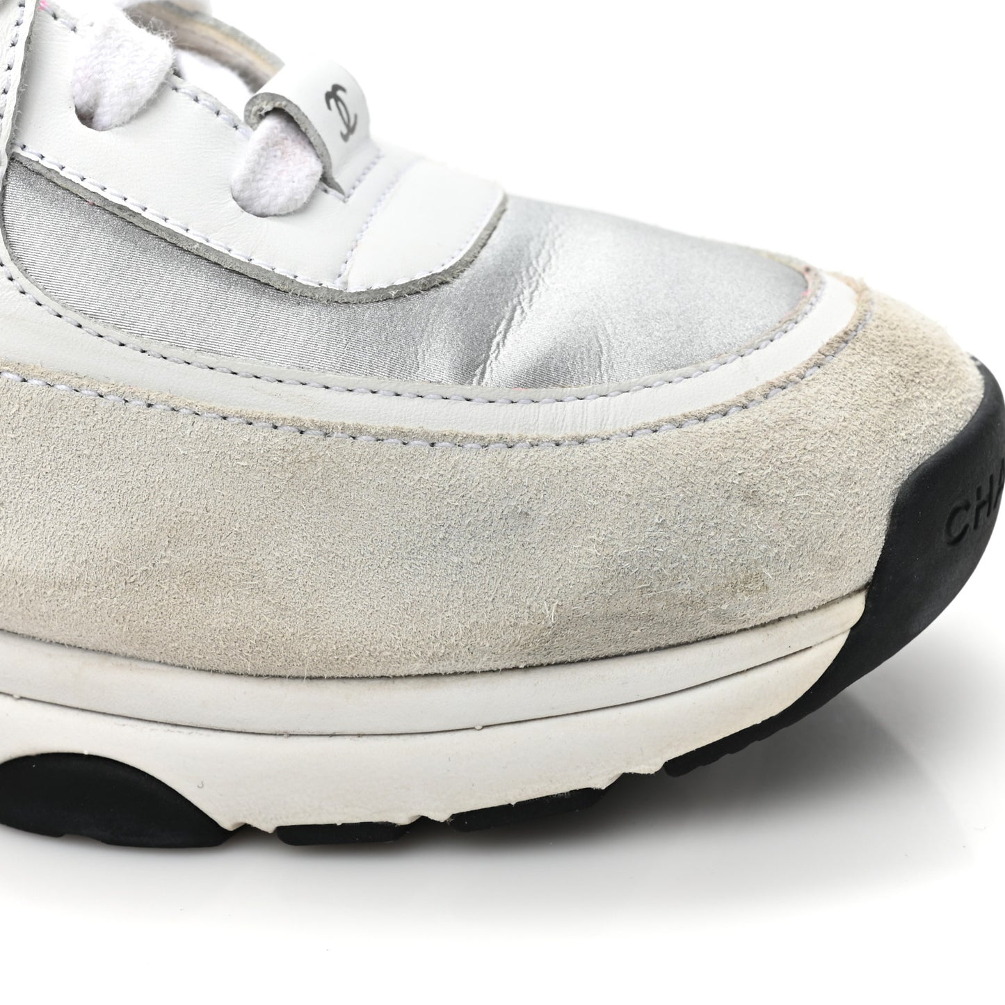 Calfskin Fabric Sneakers 38.5 White Silver Fluo Pink
