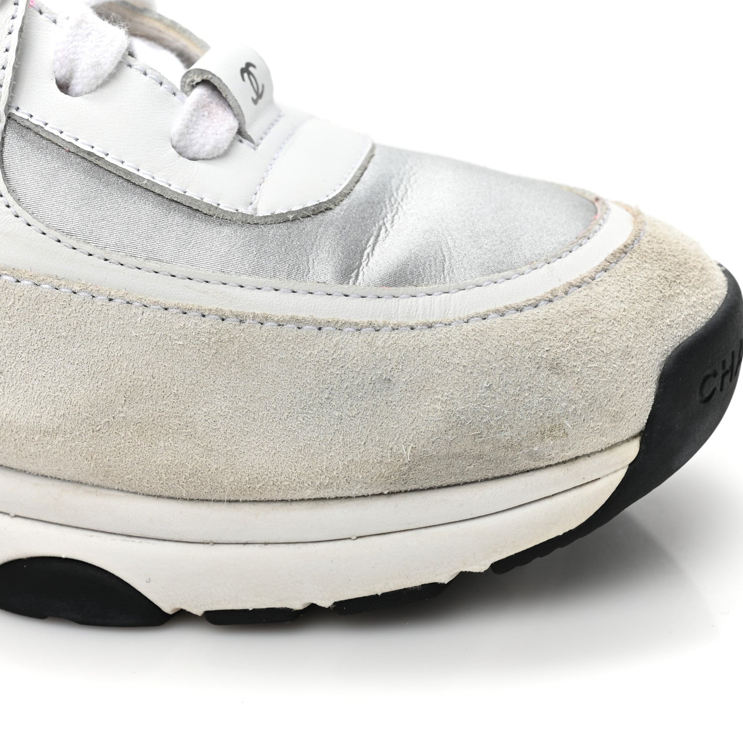 Chanel Calfskin Fabric Sneakers 38.5 White Silver Fluo Pink 11 of 12