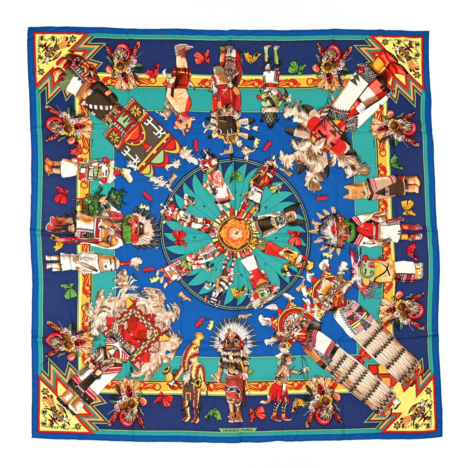 Hermes Cashmere Silk Kachinas Shawl 140 Cobalt 1 of 8