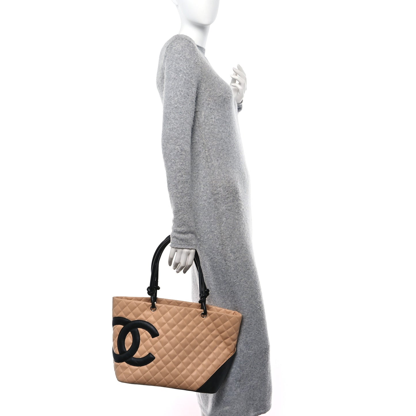 Calfskin Quilted Large Cambon Tote Beige Black