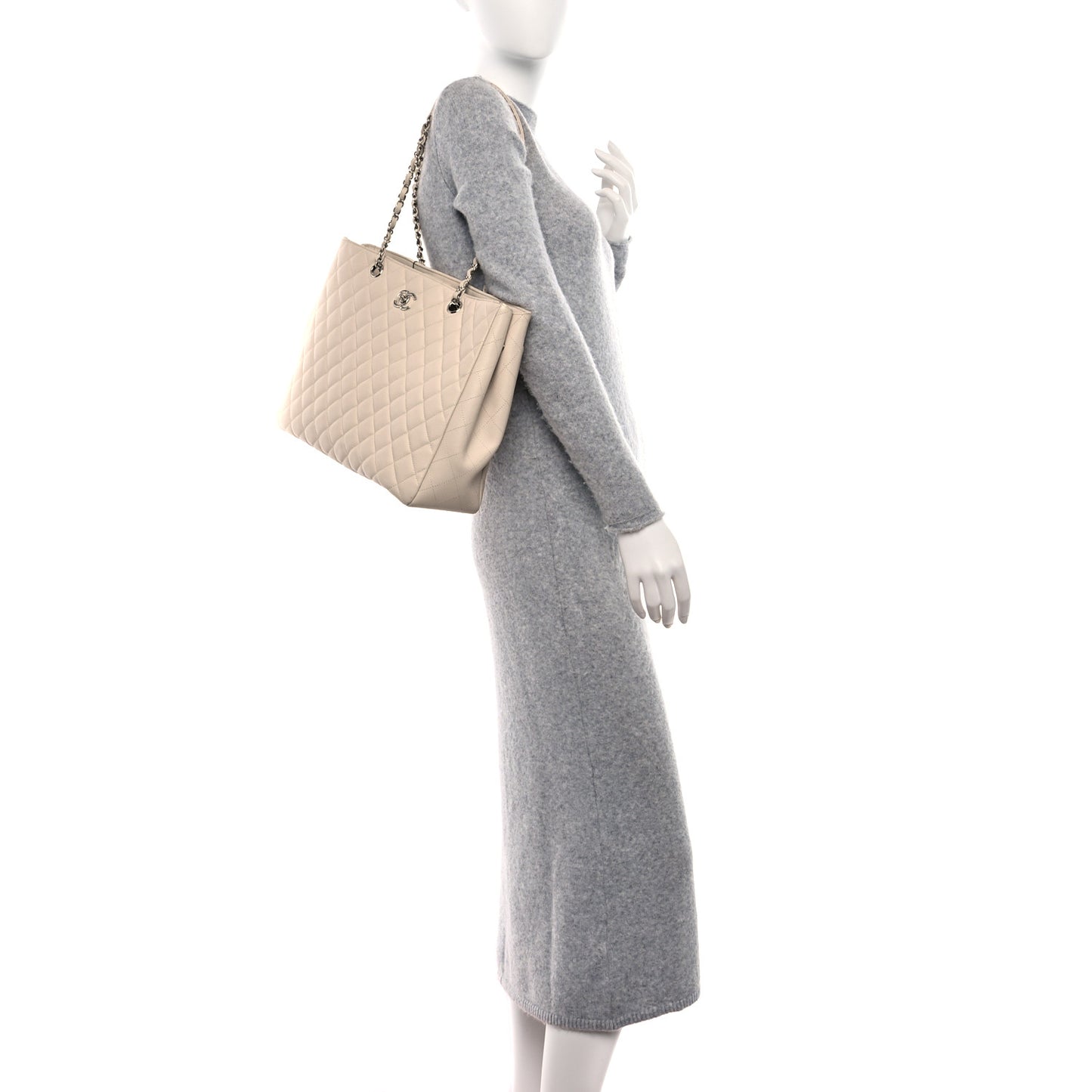 Caviar Quilted Large Classic Shopping Tote Light Beige