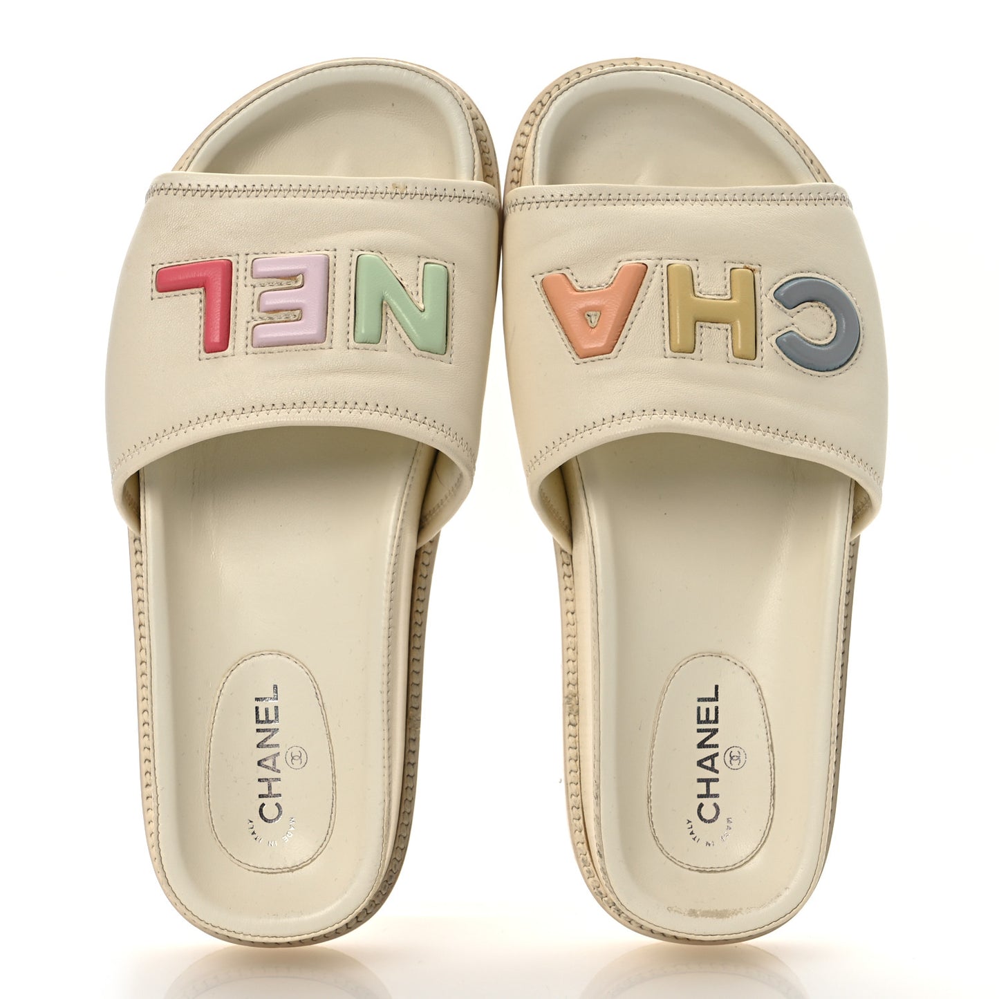 Lambskin Cha-Nel Mule Sandals 38 Ivory Multicolor