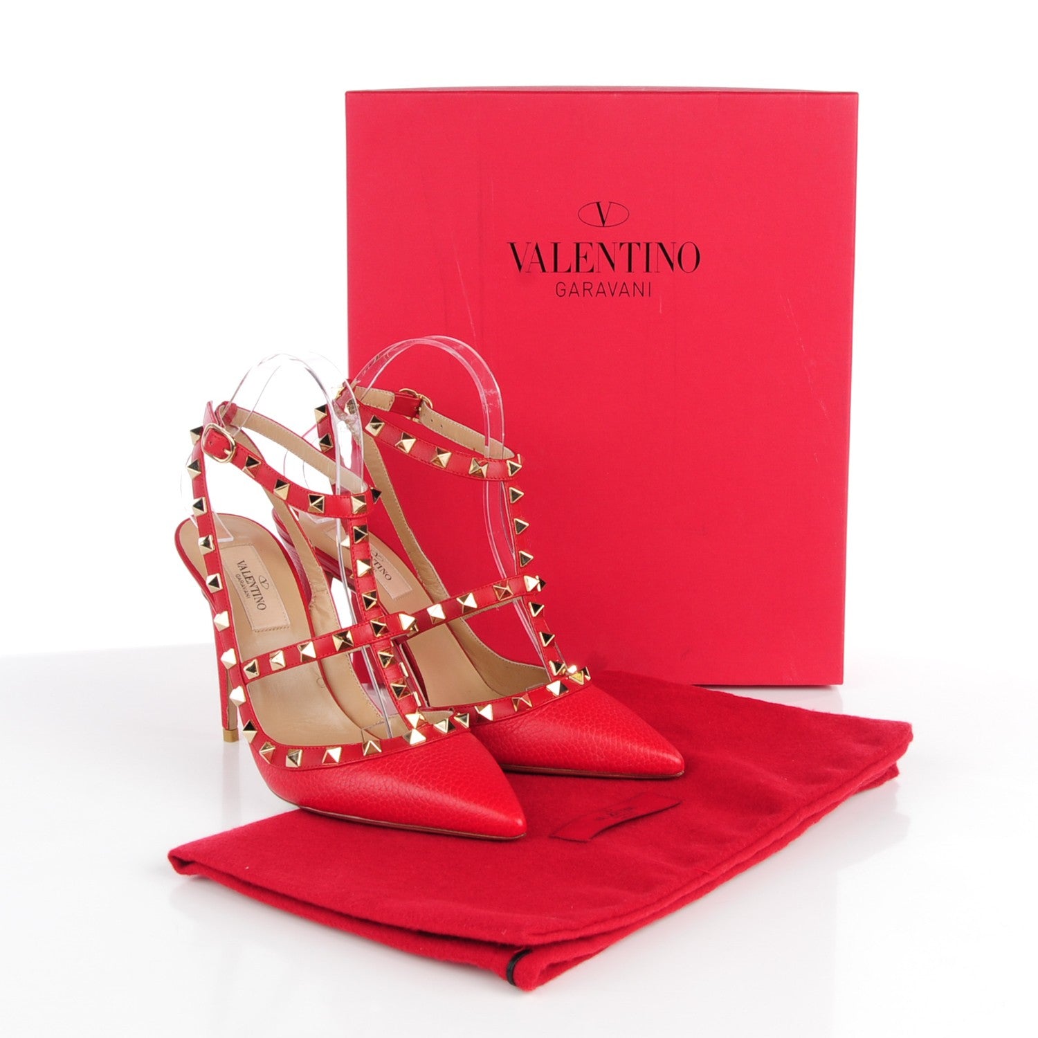 Valentino Garavani Pebbled Calfskin Rockstud Ankle Strap 100mm Pumps 37.5 Rosso Valentino 5 of 7