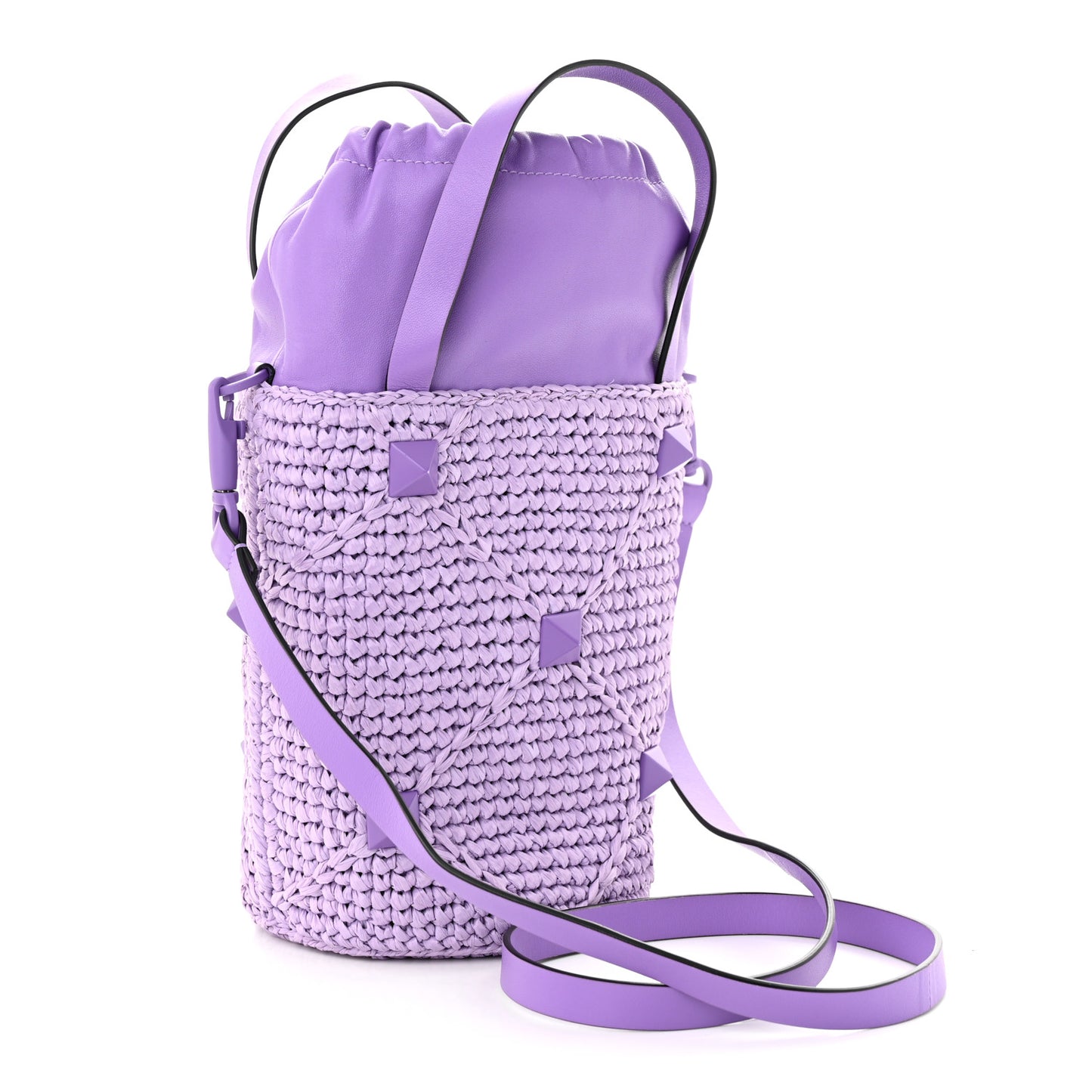 Raffia Nappa Monochrome Roman Stud Drawstring Bucket Bag Glicine
