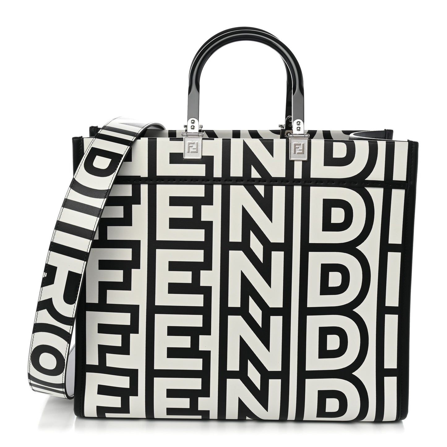 X MARC JACOBS Vitello King Logo Print Medium Fendi Sunshine Shopper Tote Black White