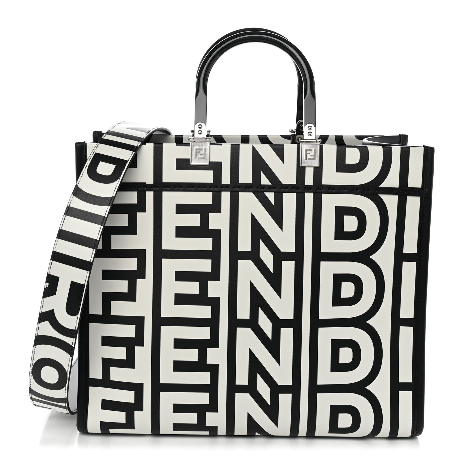 Fendi X MARC JACOBS Vitello King Logo Print Medium Fendi Sunshine Shopper Tote Black White 1 of 10