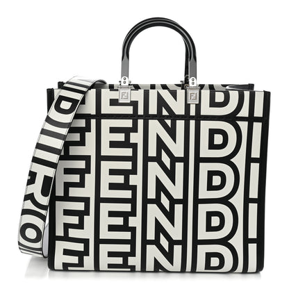 Fendi X MARC JACOBS Vitello King Logo Print Medium Fendi Sunshine Shopper Tote Black White 1 of 10