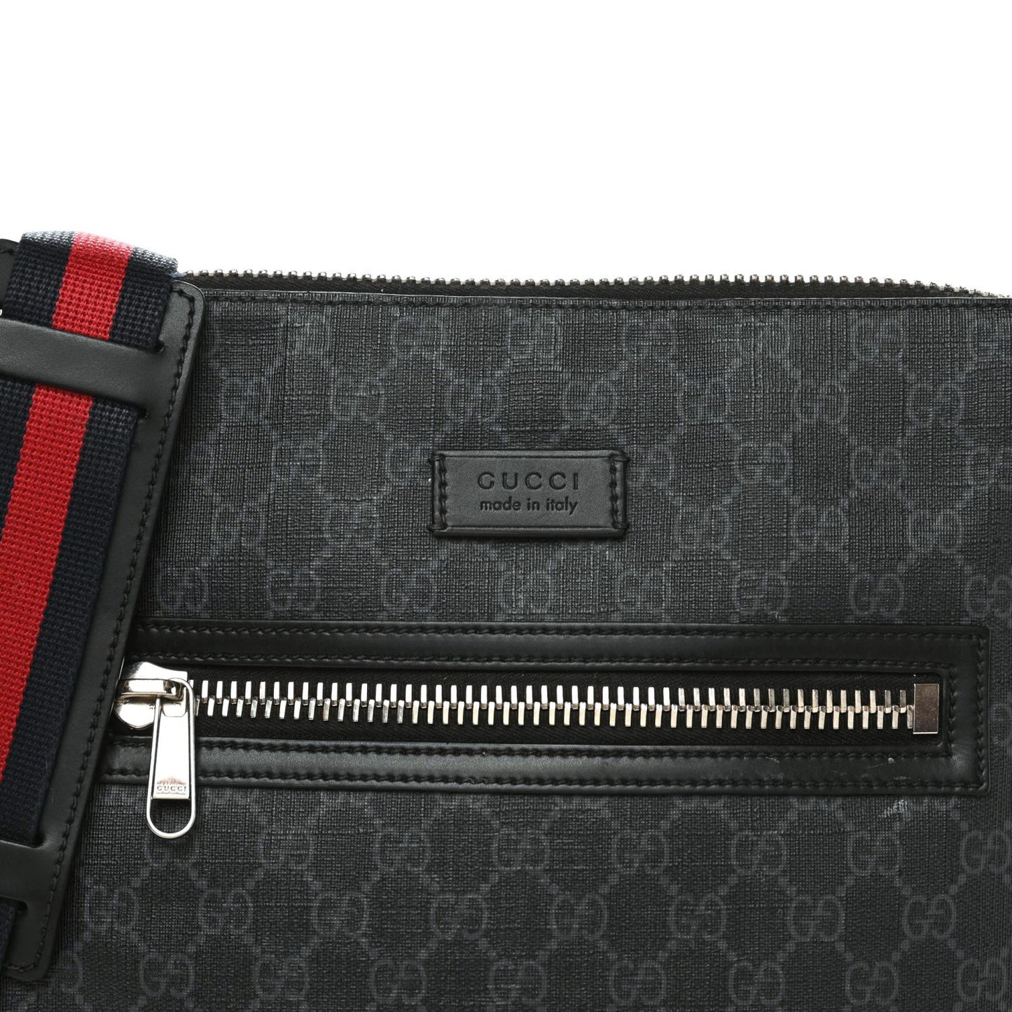 GG Supreme Monogram Appia Calfskin Web Flat Messenger Bag Black Grey