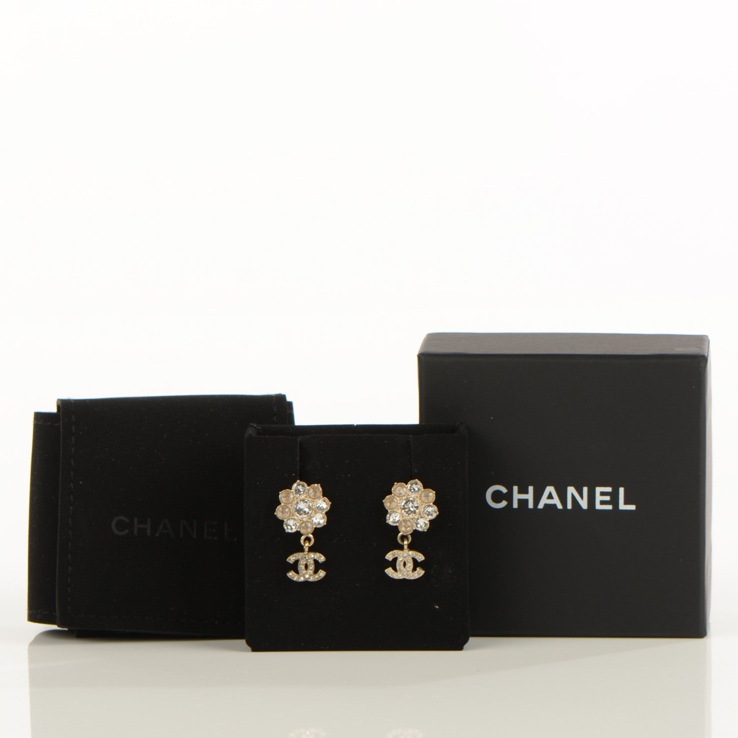 Chanel Crystal CC Flower Dangle Earrings Gold Beige 4 of 5
