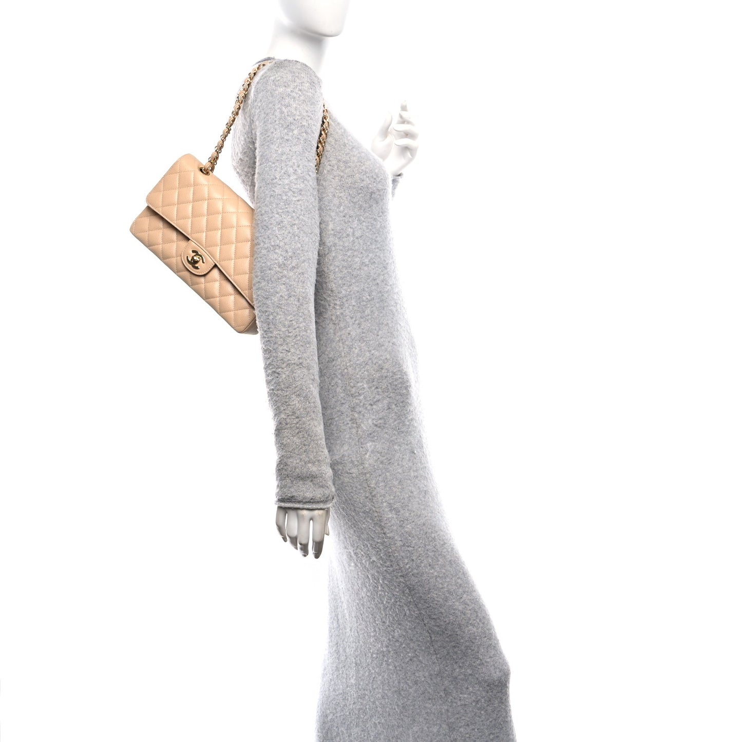 Caviar Quilted Medium Double Flap Beige