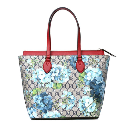 Gucci GG Supreme Monogram Blooms Medium Zippered Bucket Tote Beige Blue Navy Hibiscus Red 1 of 4
