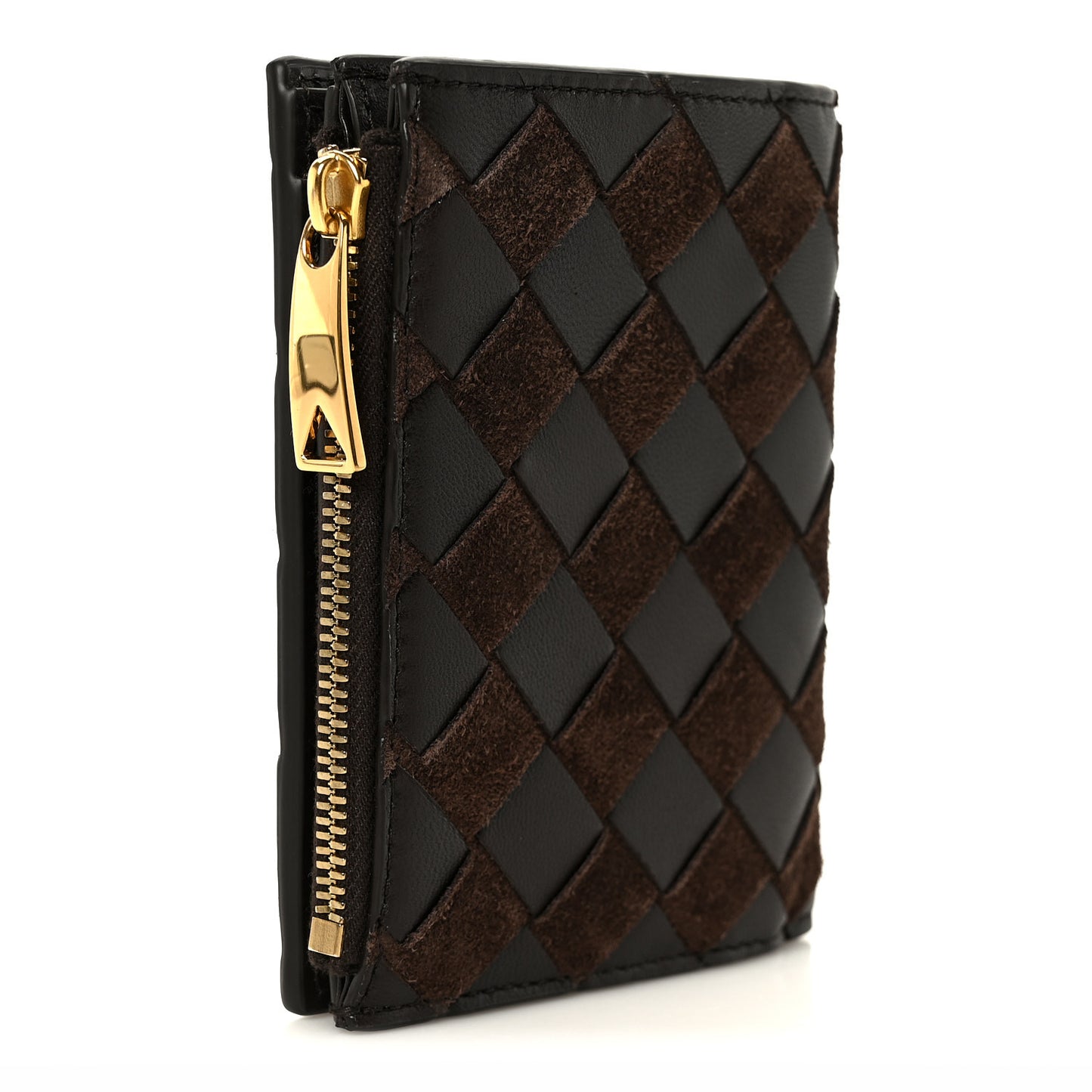 Nappa Suede Intrecciato Bifold Zip Wallet Brown