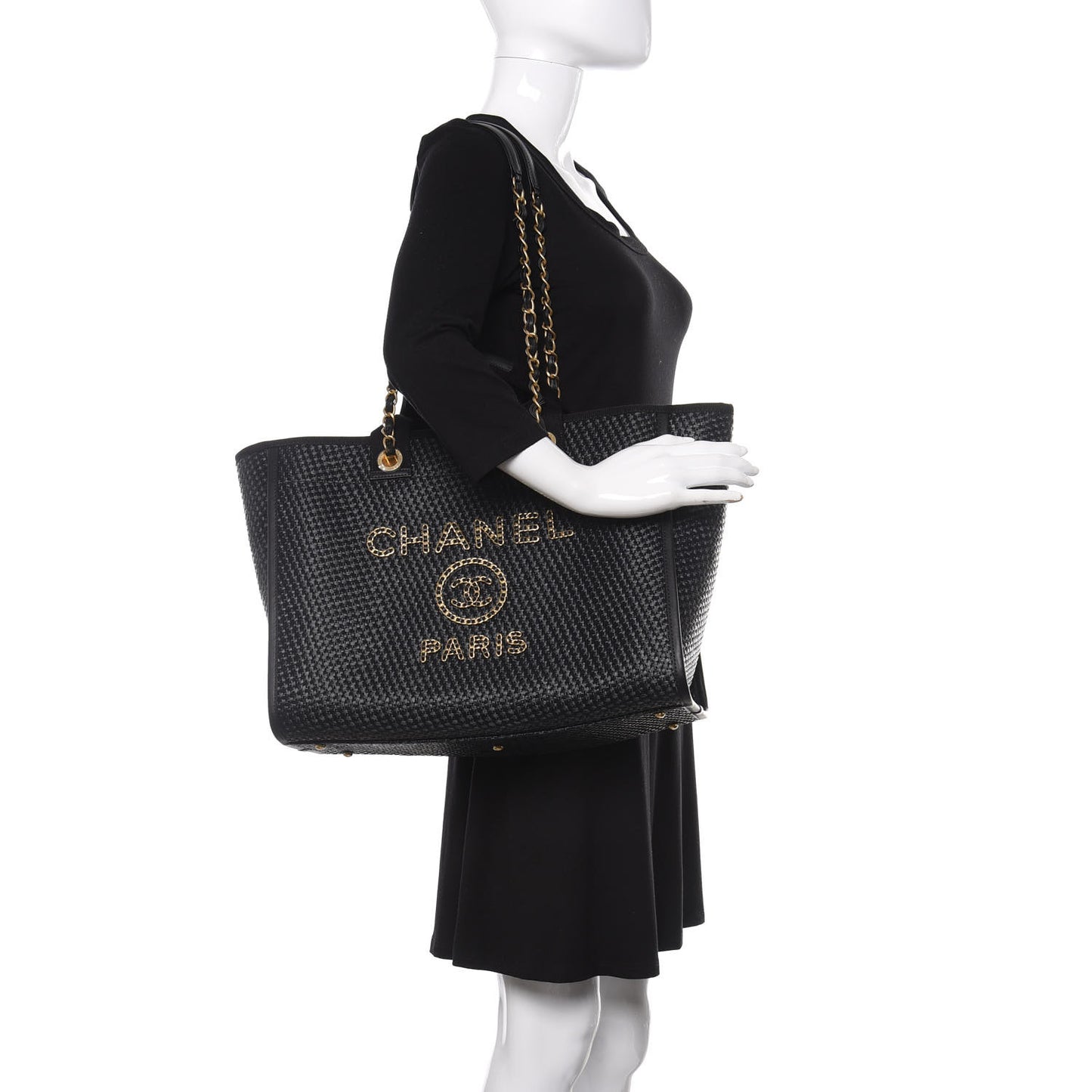 Straw Raffia Calfskin Chain Medium Deauville Tote Black