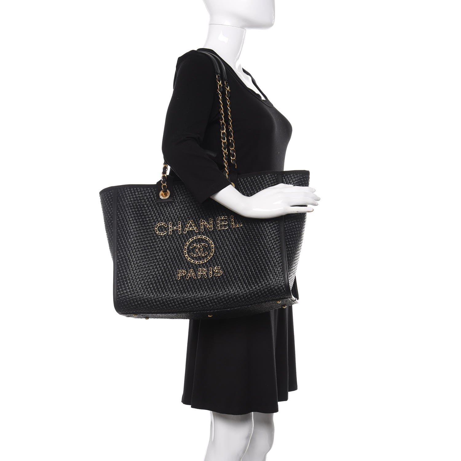 Chanel Straw Raffia Calfskin Chain Medium Deauville Tote Black 2 of 11
