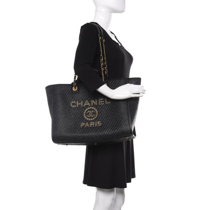 Chanel Straw Raffia Calfskin Chain Medium Deauville Tote Black 2 of 11