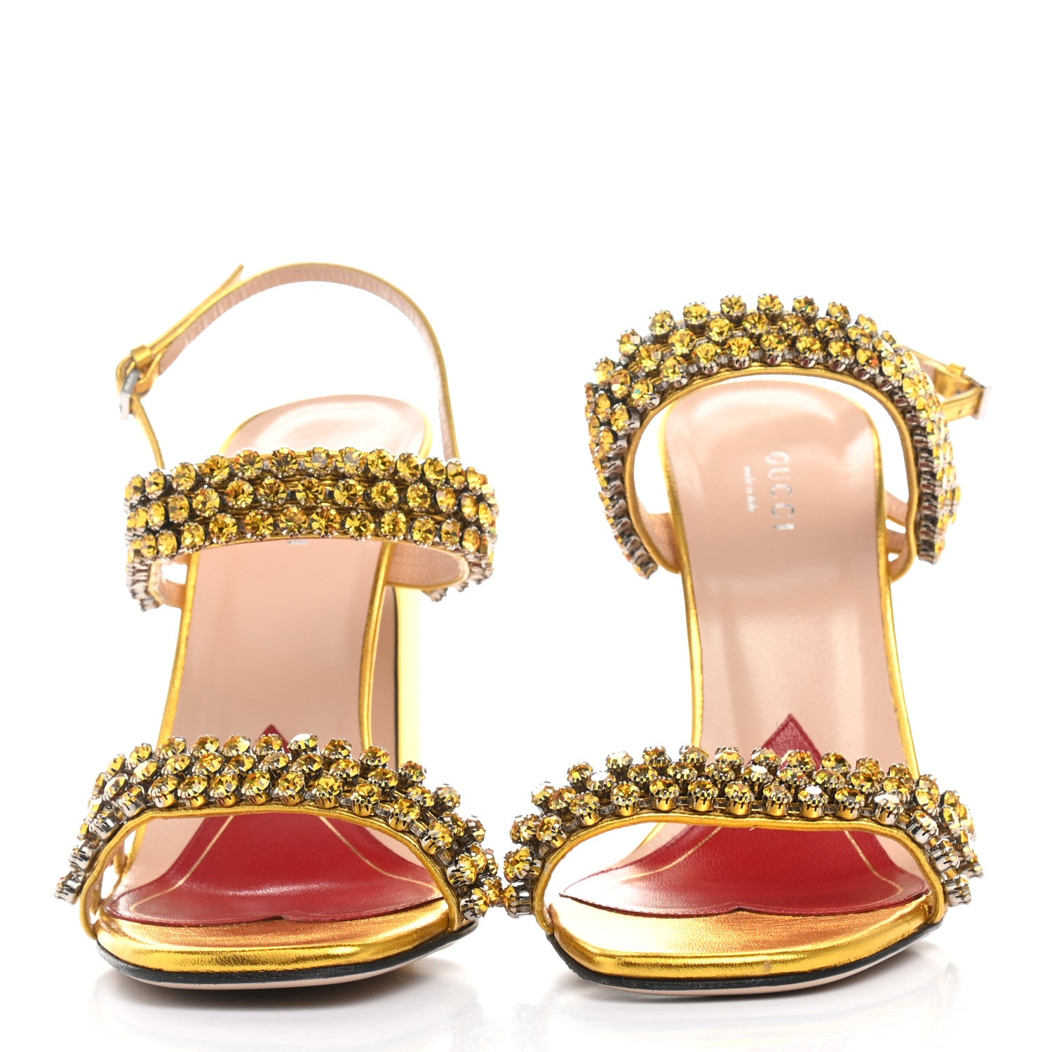 Gucci Nappa Silk Crystal Bertie High Heel Sandals 37.5 Gold 2 of 13