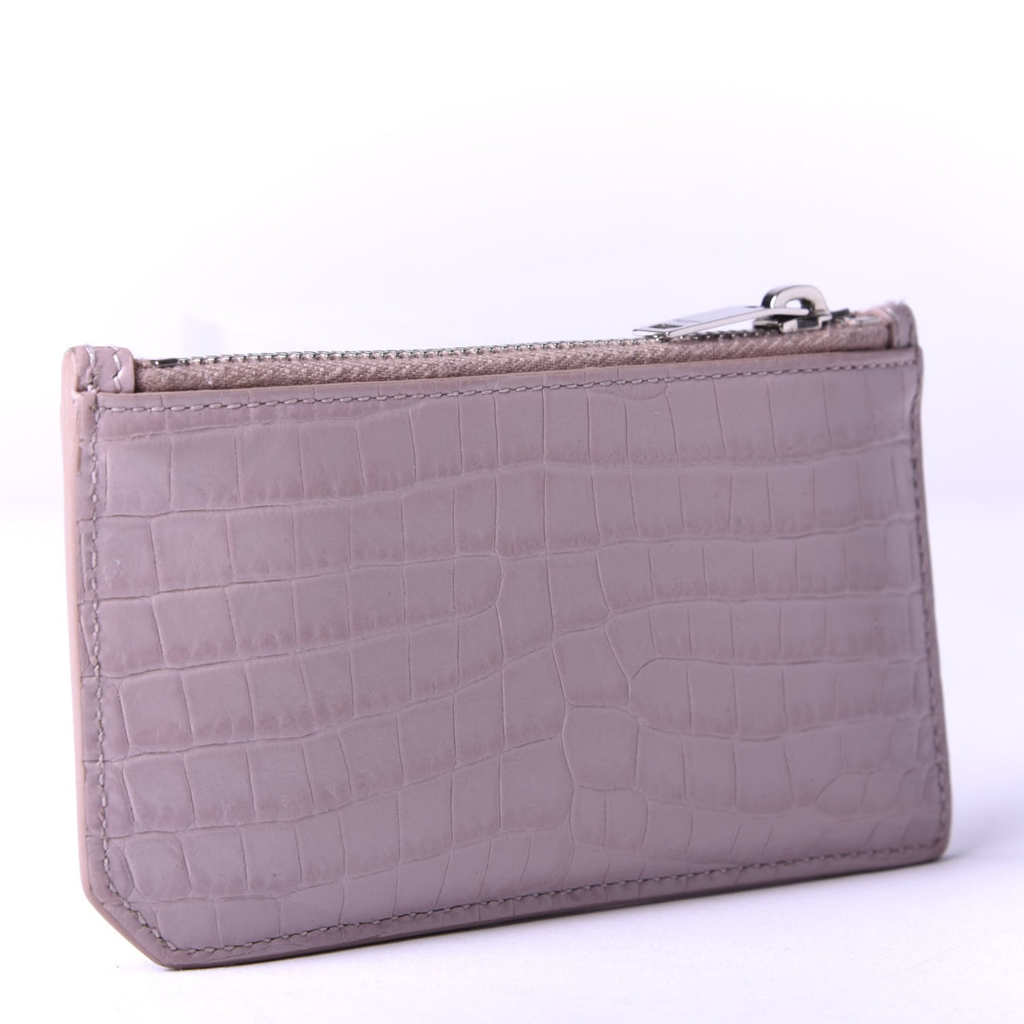 Crocodile Embossed Calfskin 5 Fragments Zip Pouch Card Holder Rose Antic