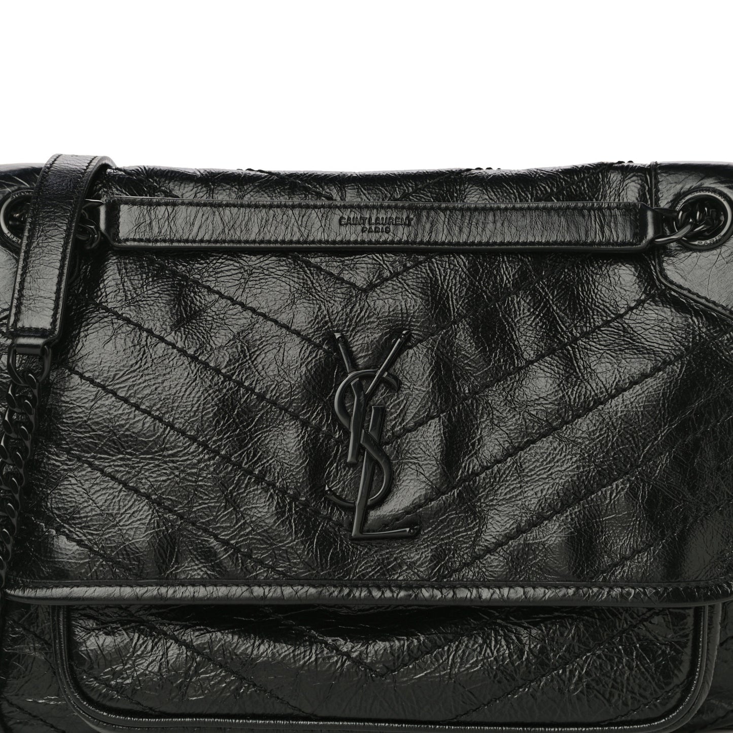 Crinkled Calfskin Matelasse Monogram Medium Niki Chain Satchel Black