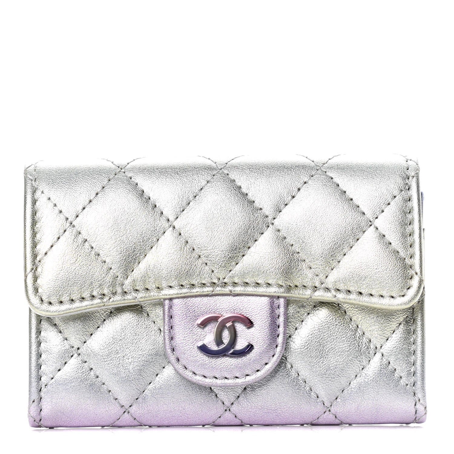Chanel Gradient Metallic Calfskin Quilted Flap Card Holder Wallet Silver Blue Yellow Purple 1 of 8