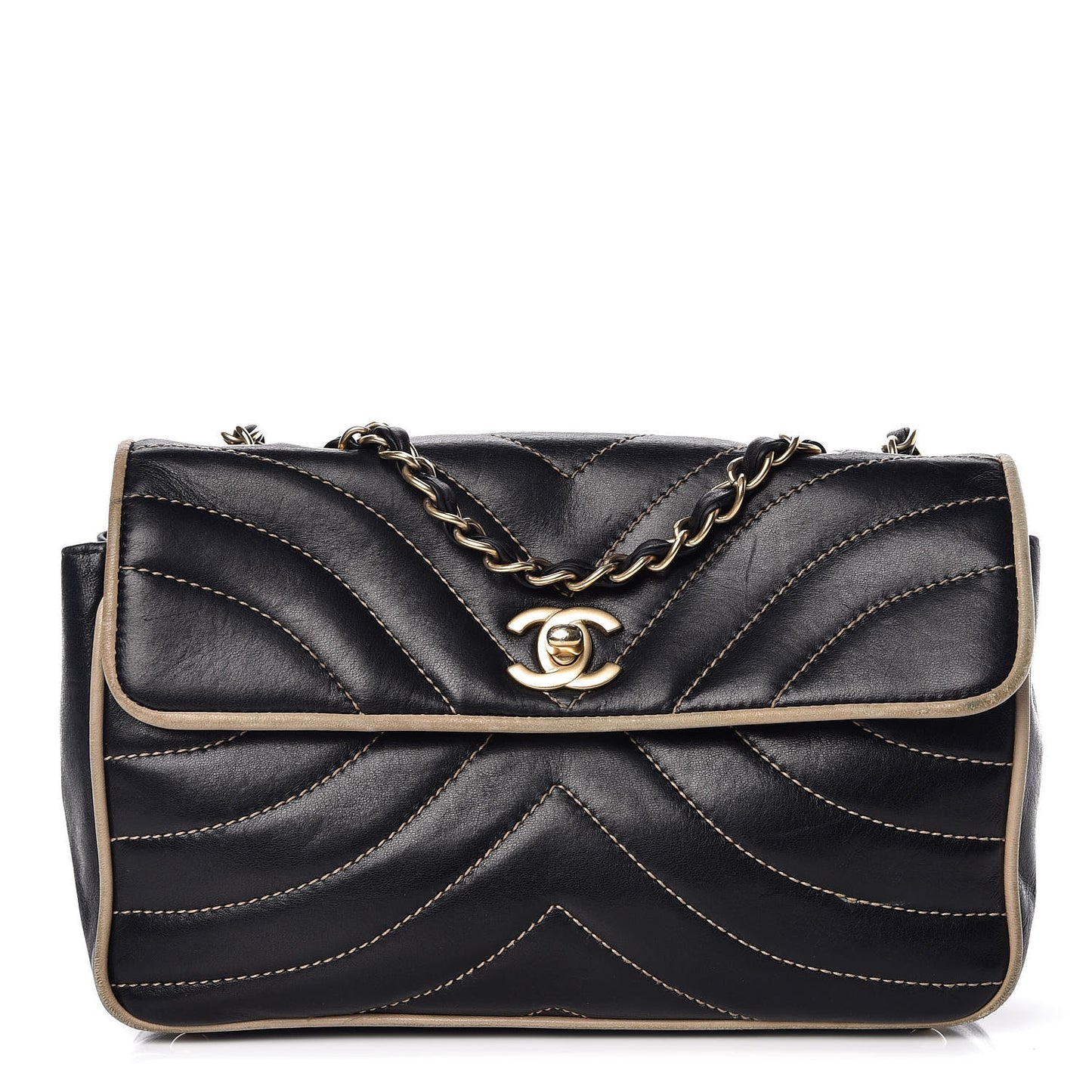 Lambskin Chevron Small Single Flap Bag Black Beige