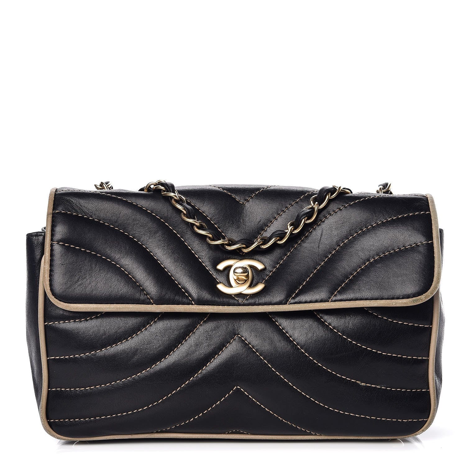 Chanel Lambskin Chevron Small Single Flap Bag Black Beige 1 of 16