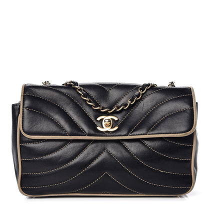 Chanel Lambskin Chevron Small Single Flap Bag Black Beige 1 of 16