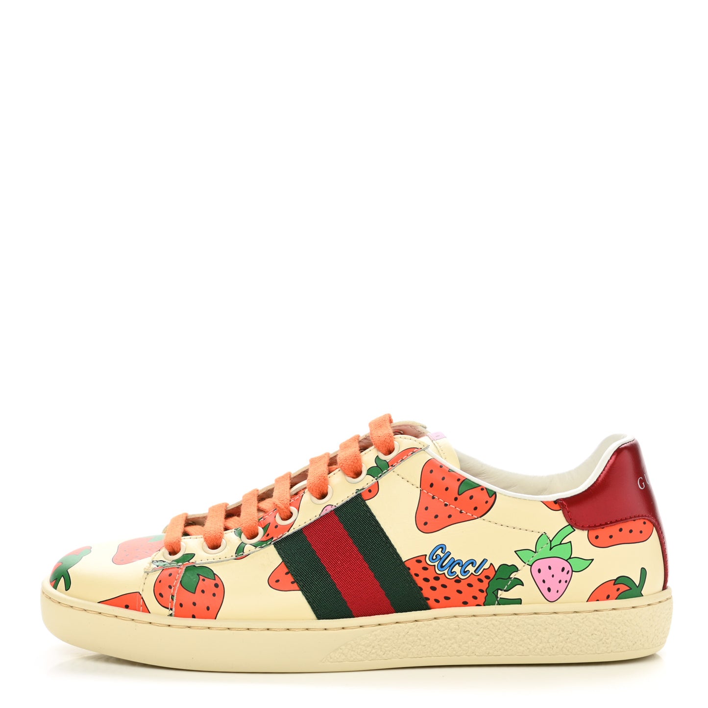 Calfskin Web Strawberry Print Womens Ace Sneakers 36 Ivory Red Green