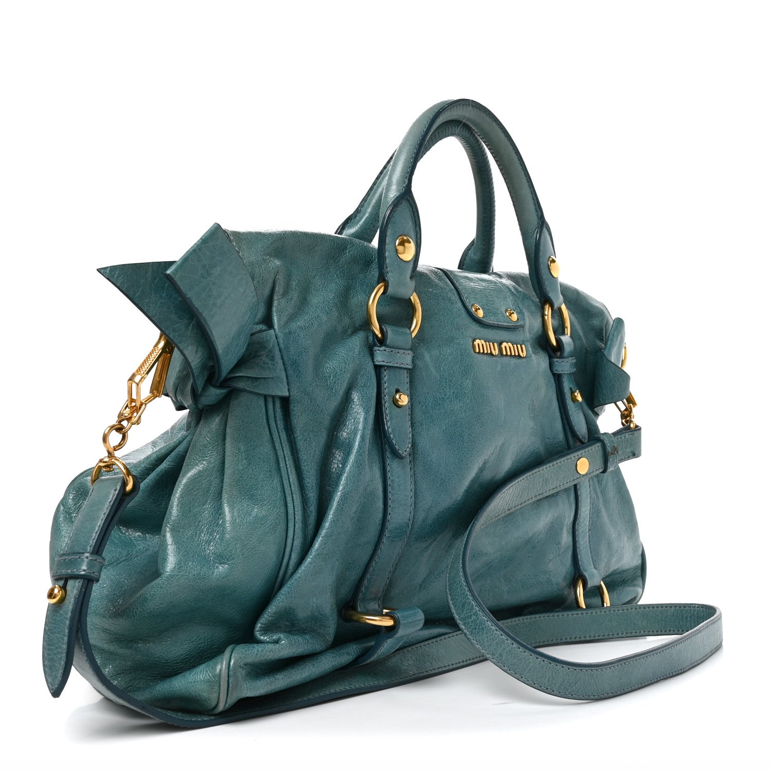 Miu Miu Vitello Lux Medium Bow Bag Blue 3 of 9