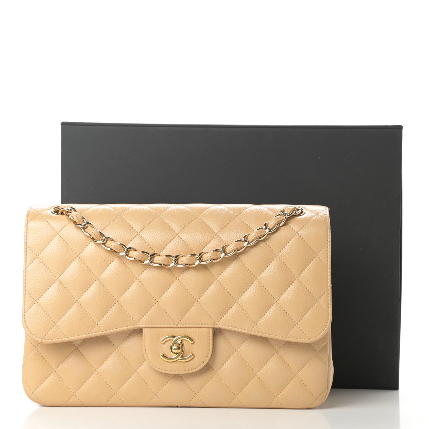 Caviar Quilted Jumbo Double Flap Beige Clair