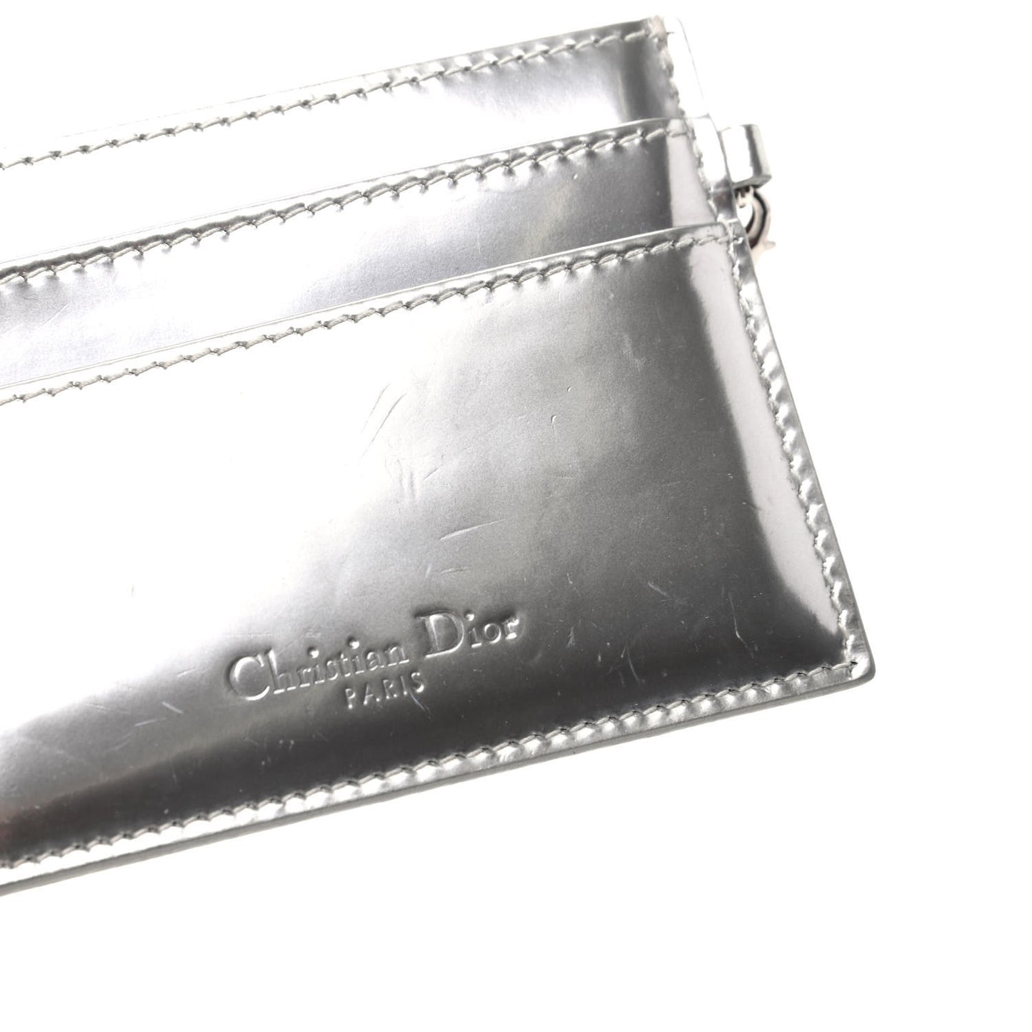 Metallic Patent Micro-Cannage Lady Dior Card Holder Silver